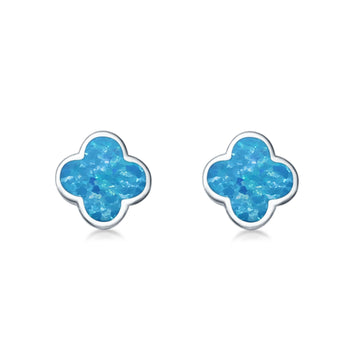 Clover Flower Stud Earring Lab Created Blue Opal 925 Sterling Silver (6.20mm)